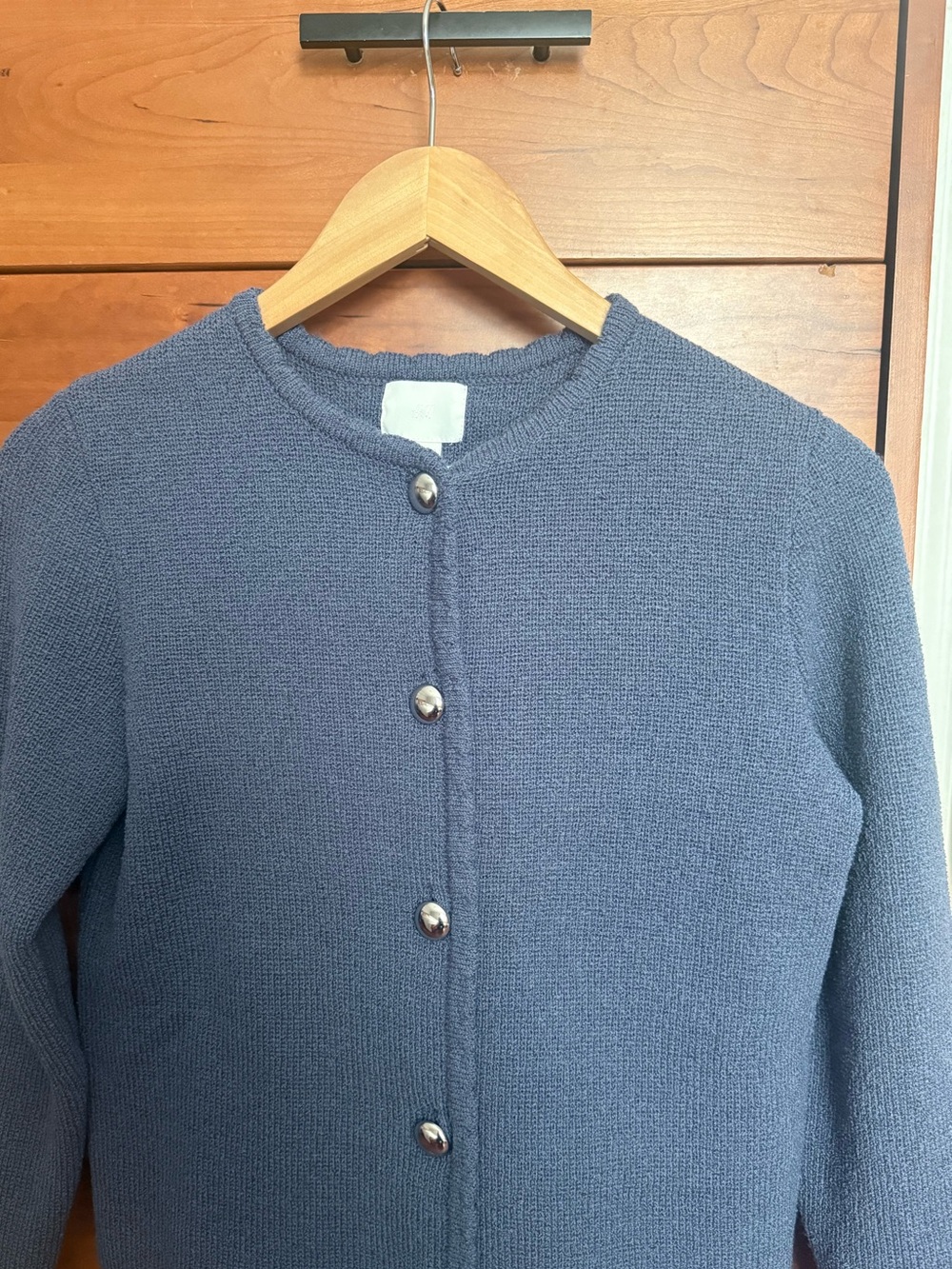 H&M Blue Button-Front Crewneck Cardigan.Buttons are silver in color.
